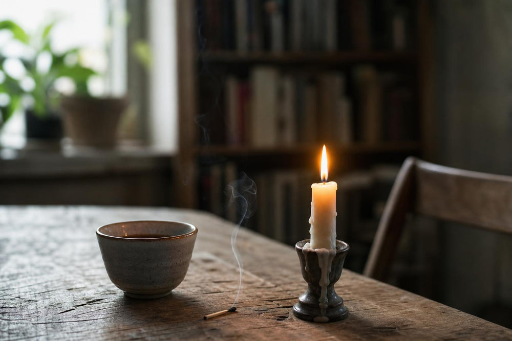 A single lit candle beside a cup of tea on a wooden surface in early morning light, the flame the only warm point in a quiet domestic interior.