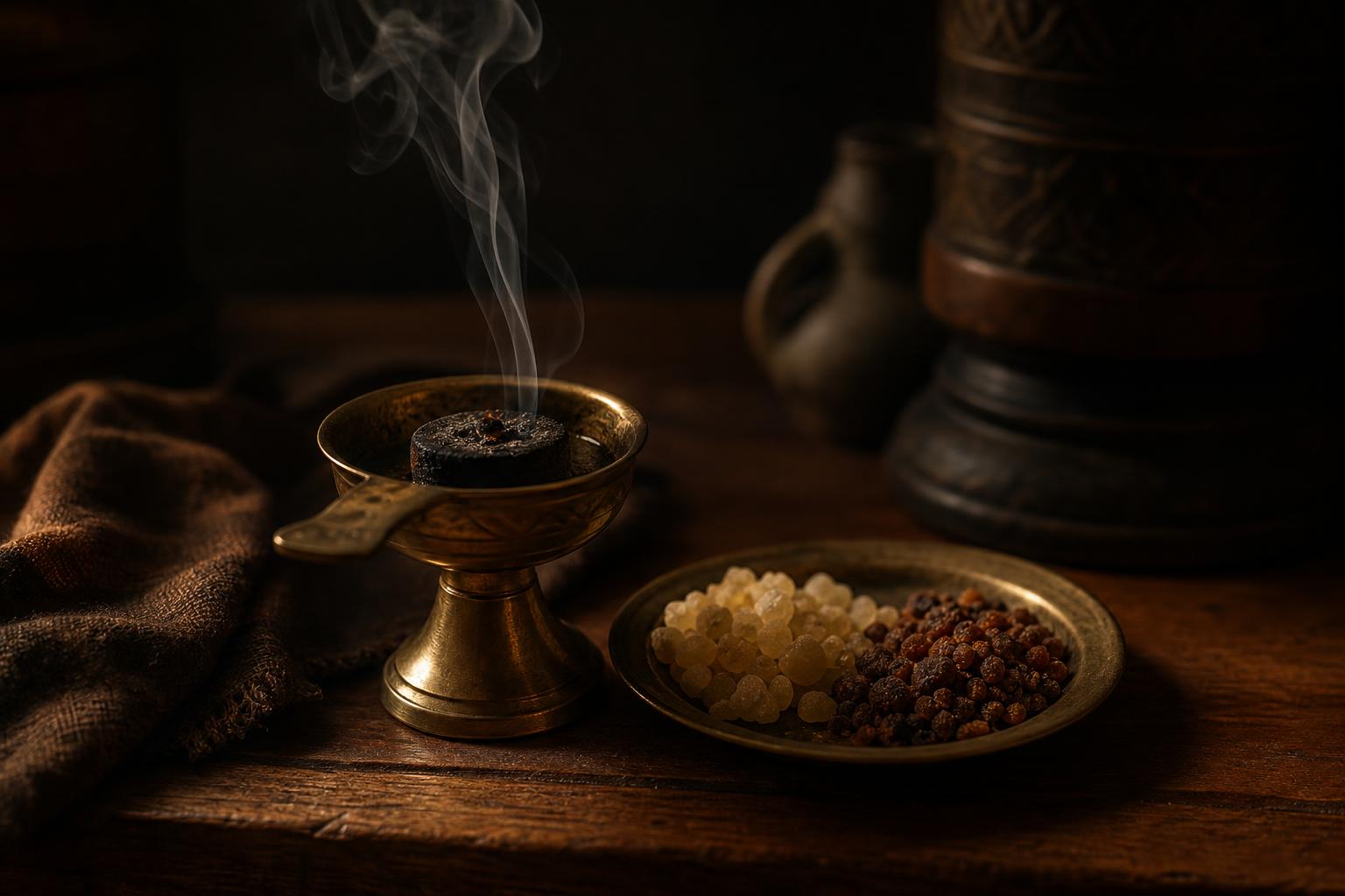 Frankincense and myrrh resin beside a brass censer with a lit charcoal disc