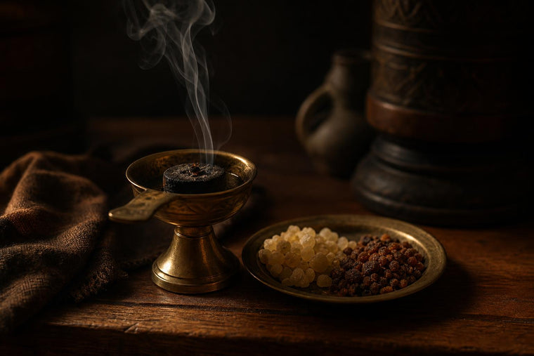 Frankincense and myrrh resin beside a brass censer with a lit charcoal disc