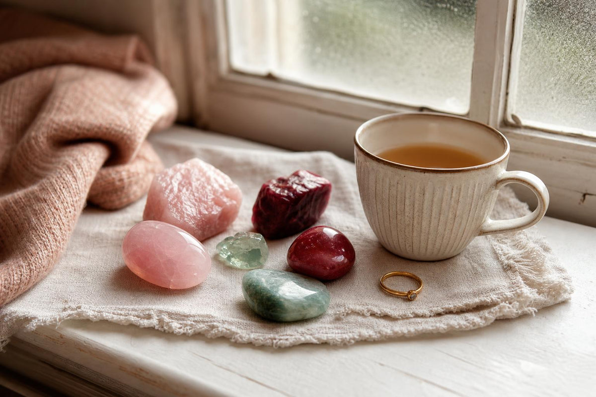 Rose quartz, garnet and green aventurine crystals arranged on a linen cloth by a sunlit window