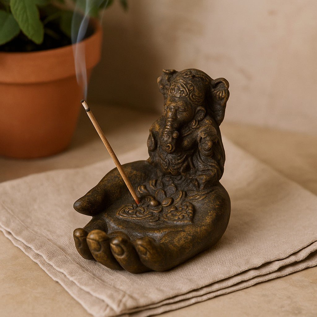A lotus flower and a broken tusk beside a lit diya on still water at dawn, symbolising Ganesha's iconography