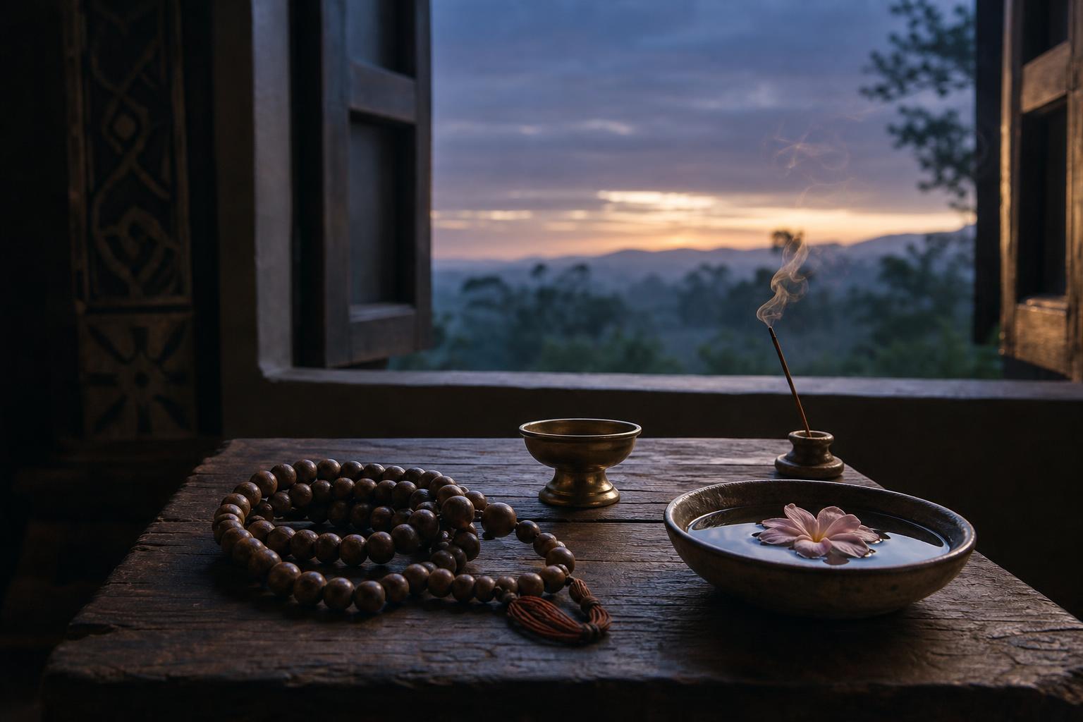 A mala, incense, a small lamp and a bowl of water arranged on a table in the pale light before sunrise.