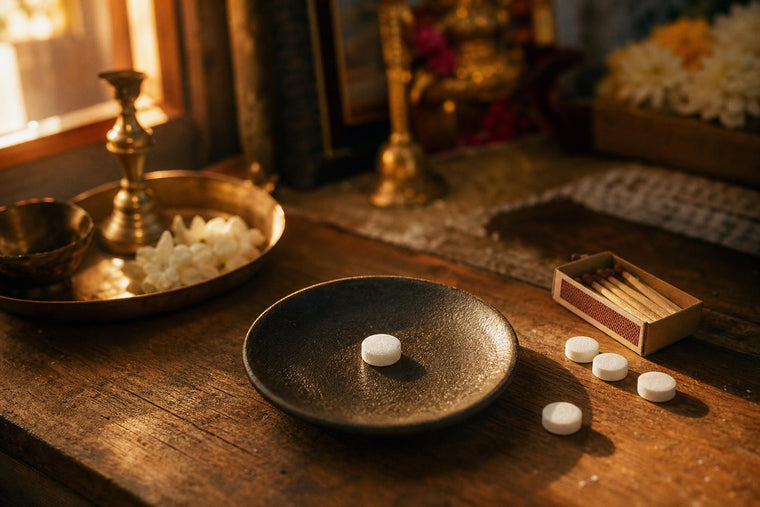 A single unlit camphor tablet on a stone plate, ready to be burned