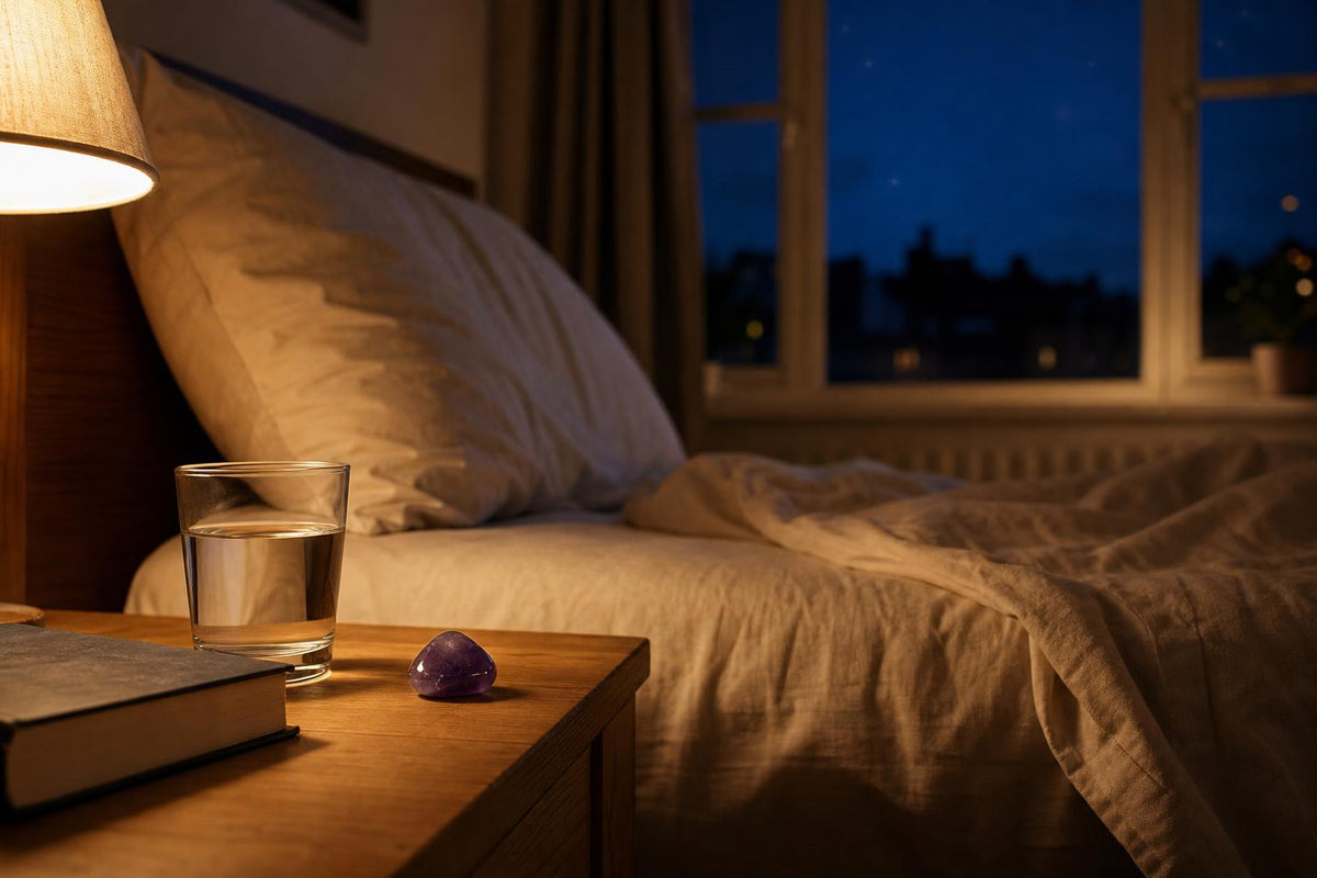 A tumbled amethyst stone resting on a bedside table beside a lamp in a quiet European bedroom at night
