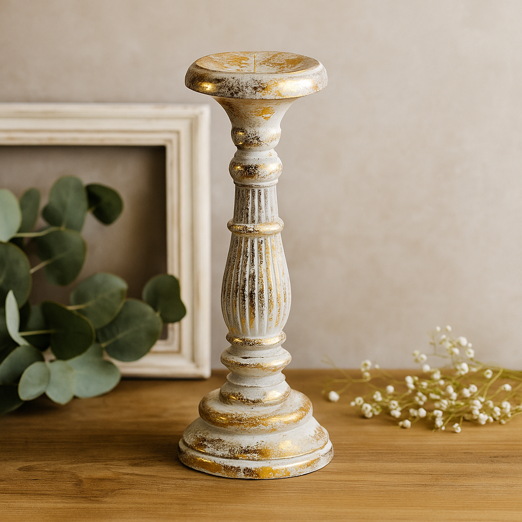Candle Holder, Medium Hand Carved Wood White Gold