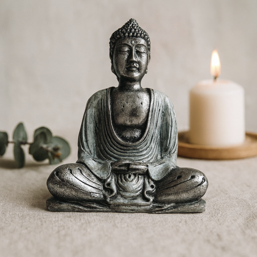 Socha Buddhy bílá a šedá pryskyřice střední