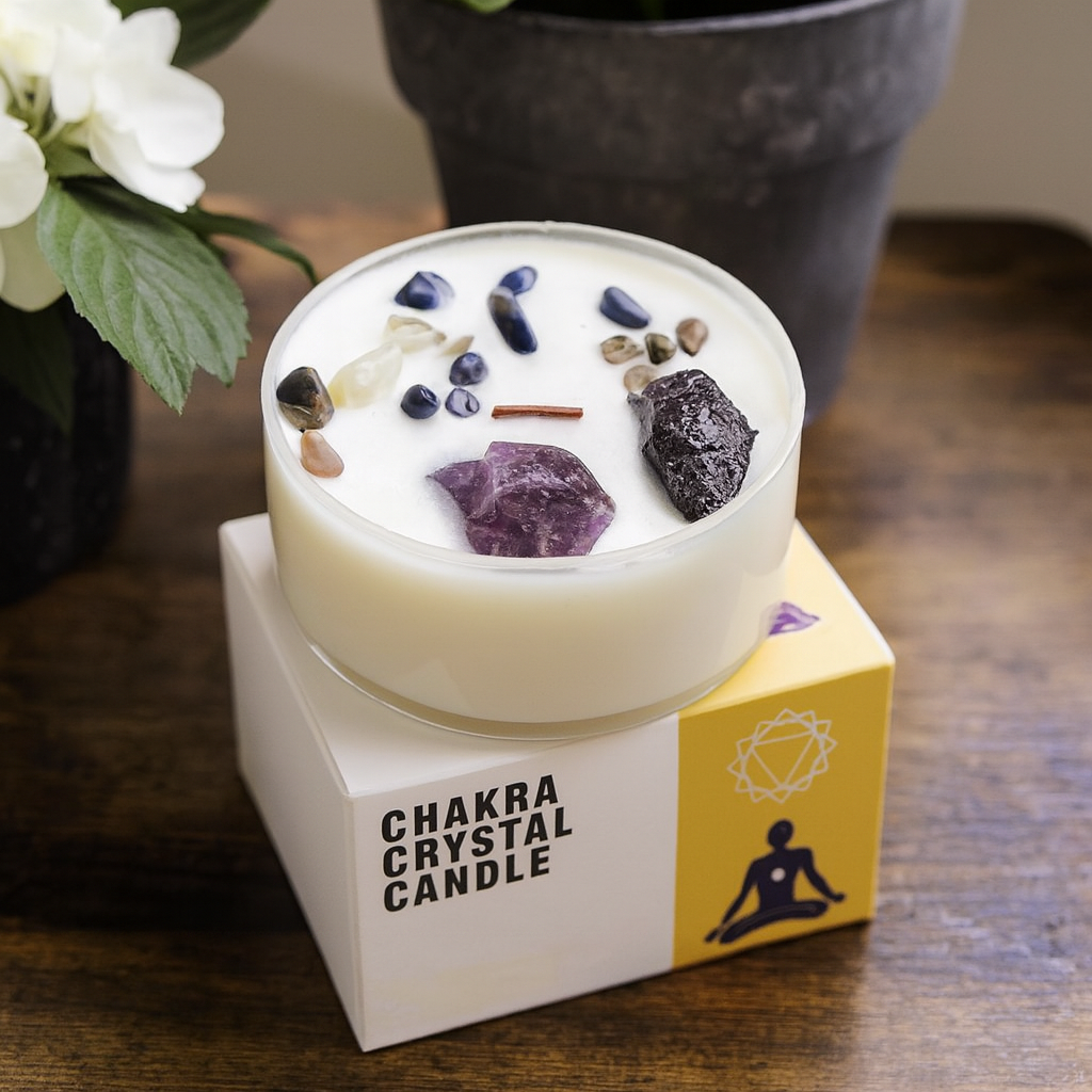 Vela de cristal del chakra del plexo solar con amatista y ágata negra