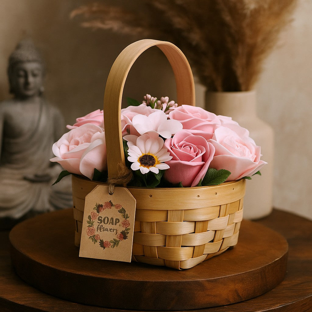 Bouquet de Flores de Sabão Médio Cesto de Vime Rosa