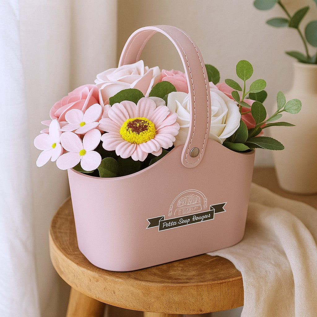 Bouquet de Flores de Sabão Cesto Pequeno Rosa