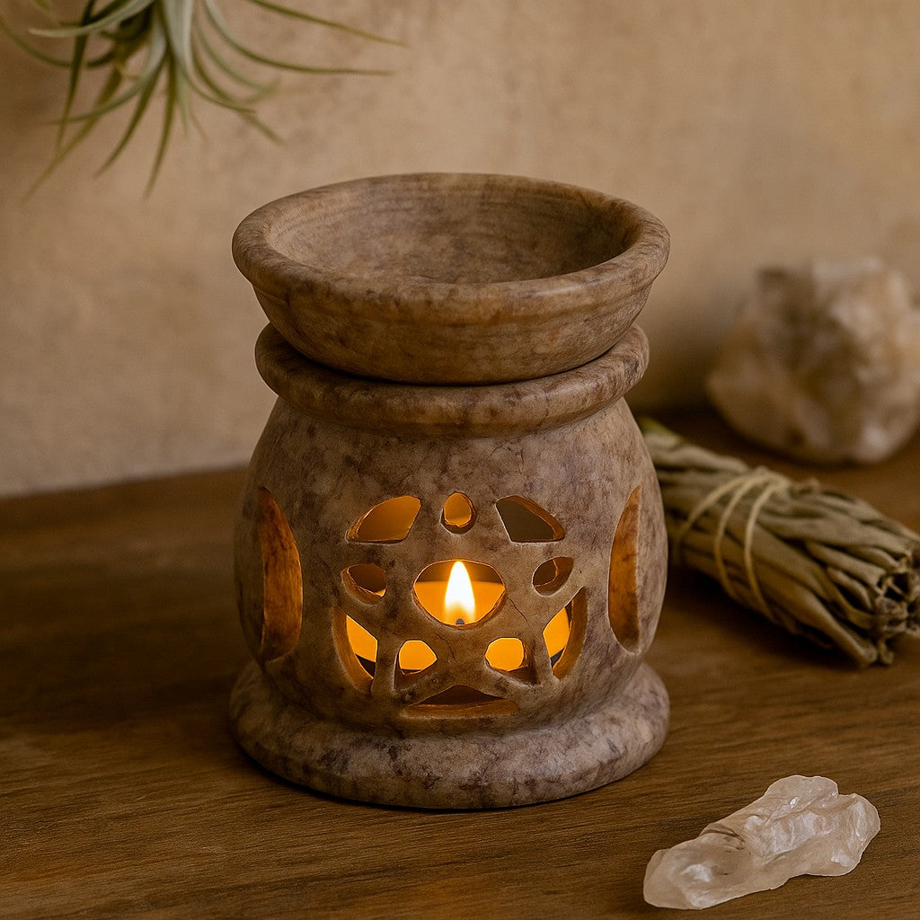 Soapstone Oil Burner 8cm Three Moon Pentagon