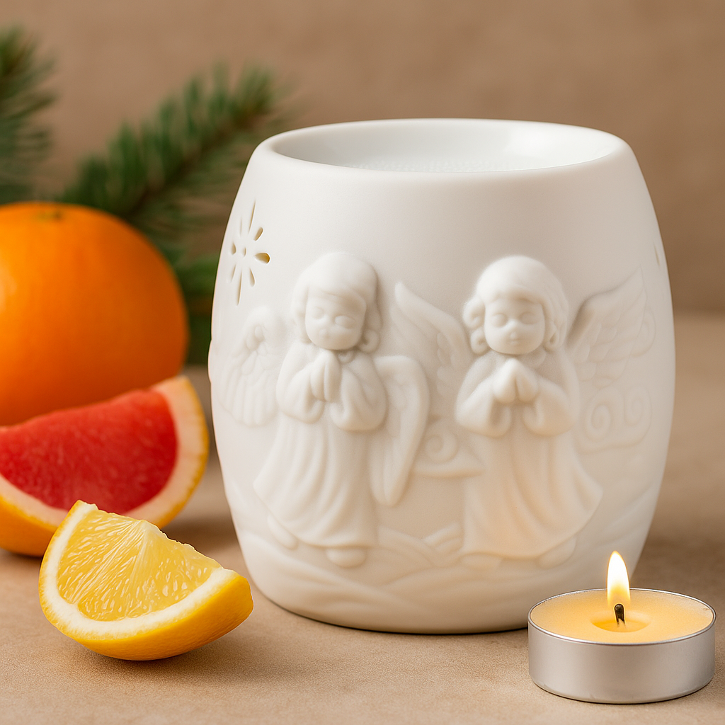Brûleur d'huile et de cire fondue, chérubin en céramique blanche