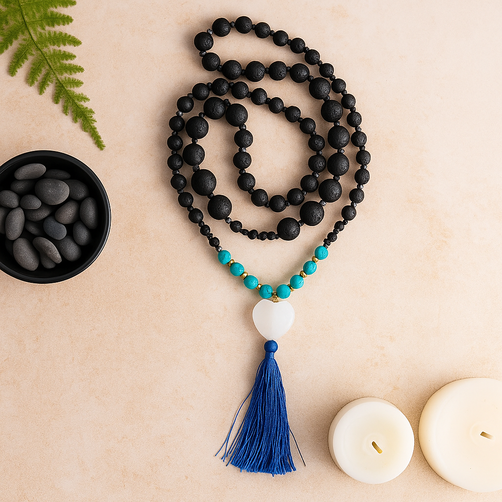 Lava Stone Mala Meditation Necklace with Blue Tassel