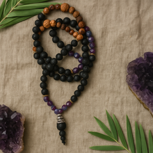 Lava Stone Rudraksha Amethyst Mala Tassel Necklace, Mala Beads