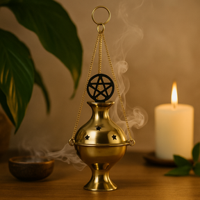 Polished Brass Hanging Incense Burner, Pentacle