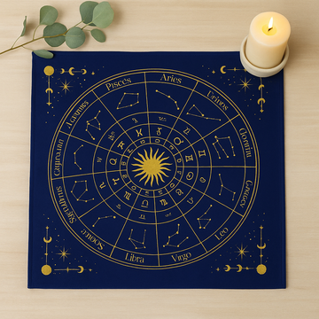 Tessuto per Lettura dei Tarocchi Ruota Zodiacale Navy Oro 75x75cm
