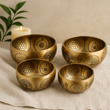 Hand‑Etched Brass Buddha Singing Bowls Set of 4