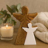 Nested Mango Wood Angel Figurine White Enamel