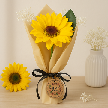 Fleur de savon tournesol, tige unique, décoration cadeau