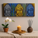 Artă pe pânză cu Buddha, trei capete cu bambus