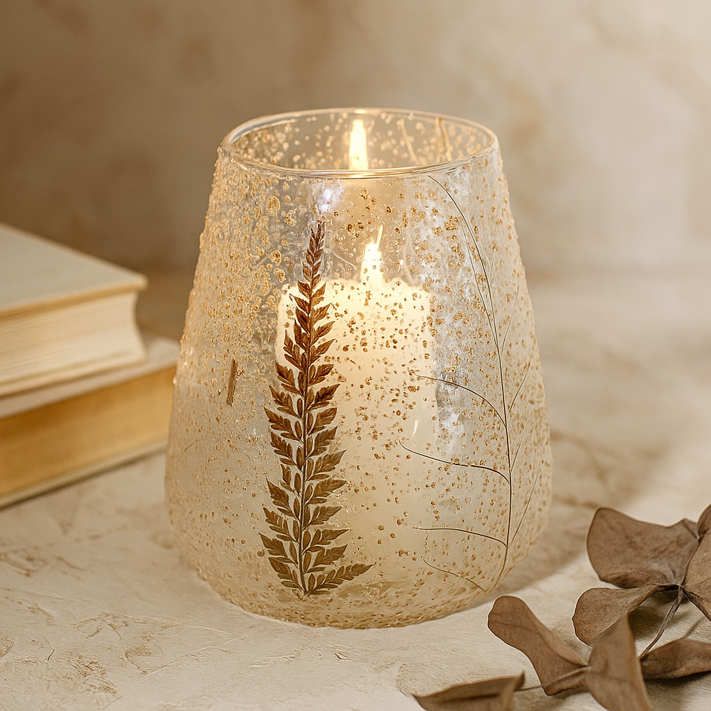 Textured Gold Fern Glass Bowl Candle Holder 15x12cm