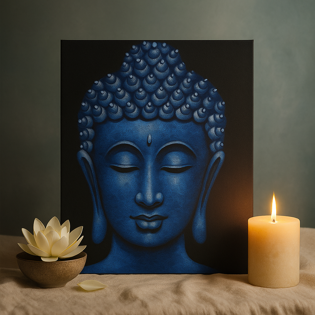 Artă pe pânză cu Buddha înramat, brocart albastru