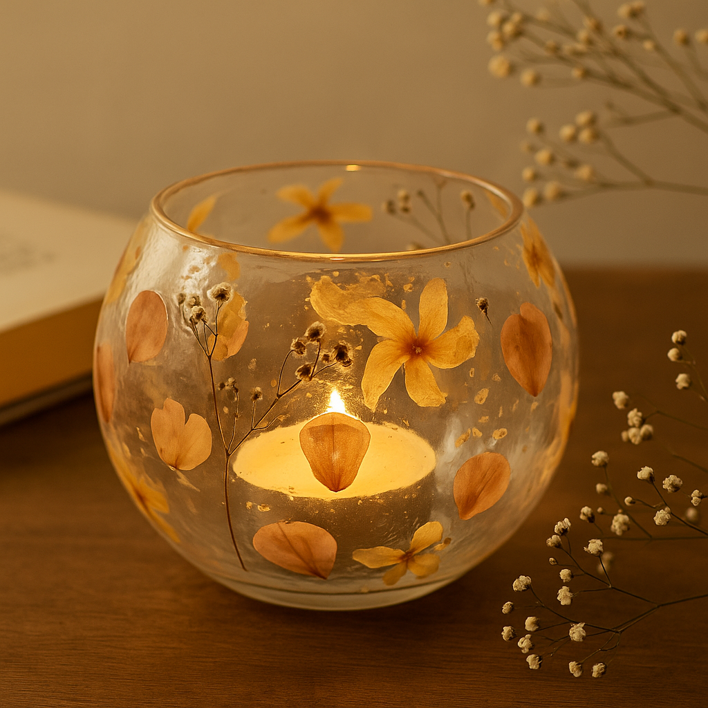 Pressed Flower Recycled Glass Tealight Votive Holder 12x13cm