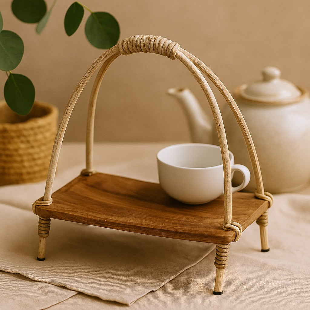 Wooden tray with a white cup and teapot on a beige surface