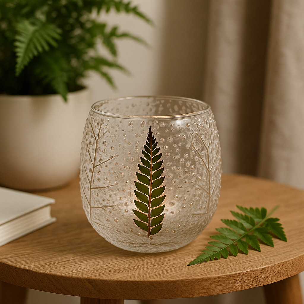 Fern Textured Glass Tealight Candle Holder 10x9cm
