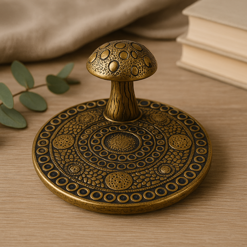 Antique Brass Mushroom Incense Holder Mandala Ring Tray