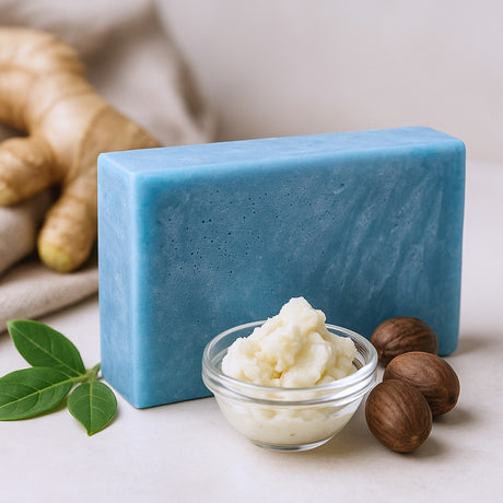 Blue soap bar with a small bowl of white cream, ginger root, and nuts on a light background