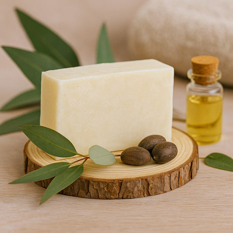 Bar of soap on a wooden block with leaves and oil bottle in the background