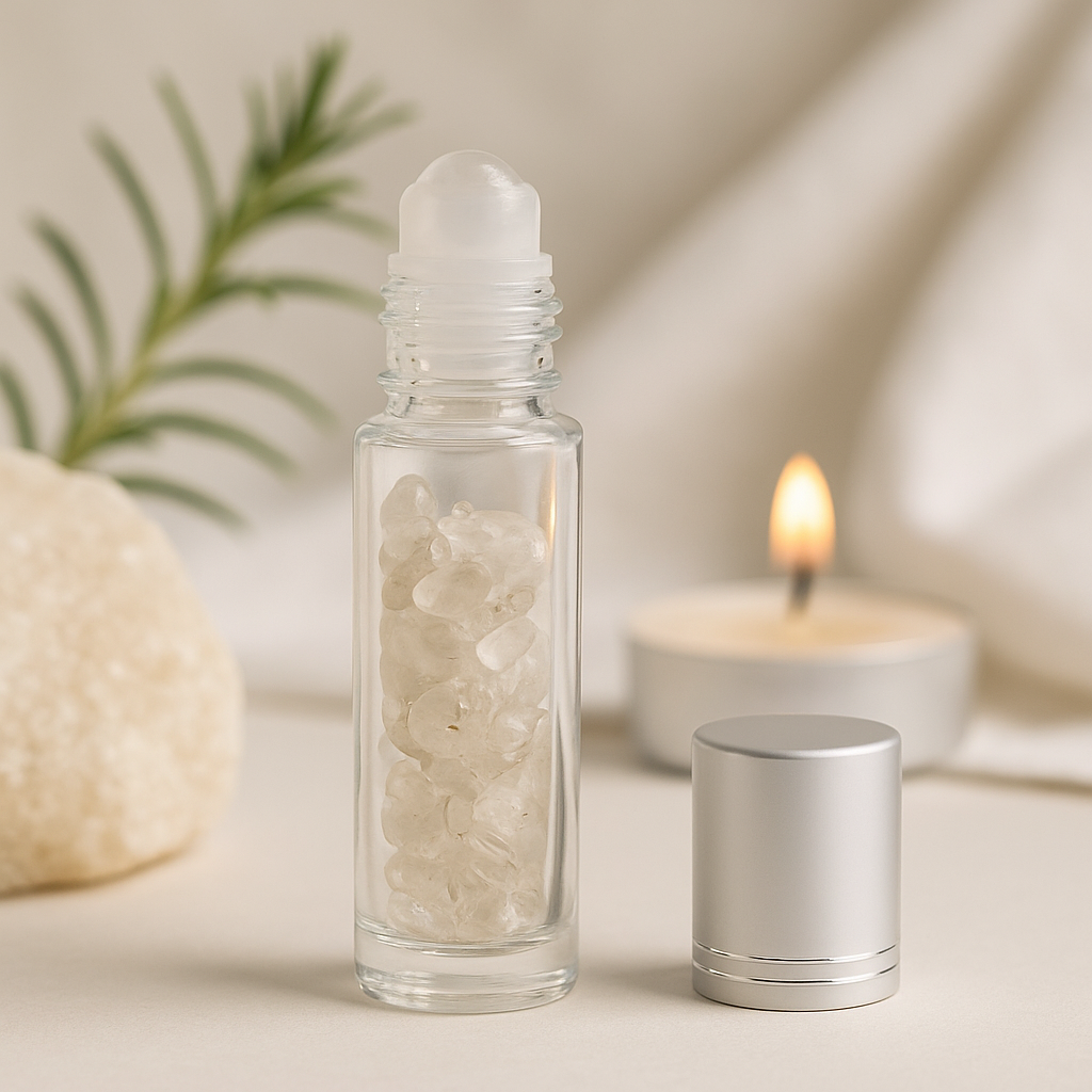 Bottiglia Roll-On Olio Essenziale Quarzo di Roccia Tappo Argento