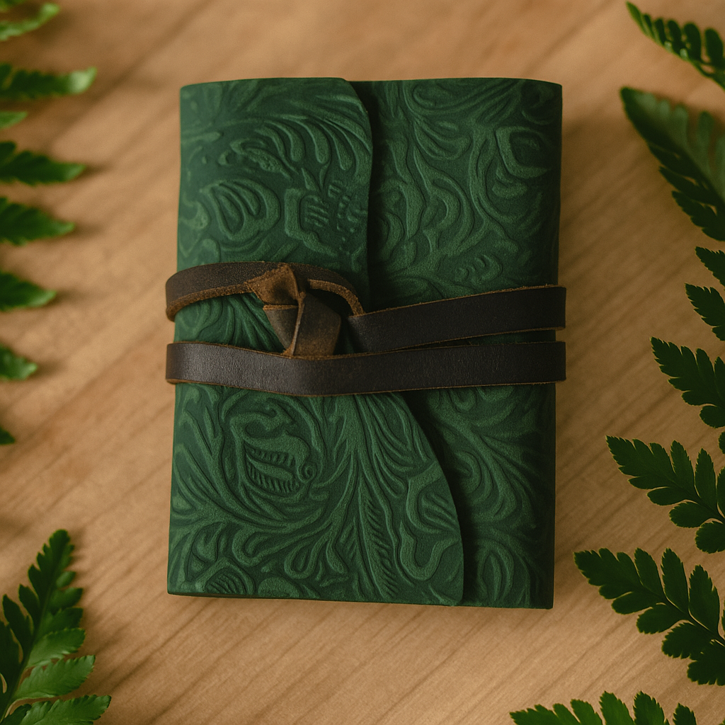 Handmade Green Leather Pocket Notebook Journal, Labyrinth 12.7×8.9cm