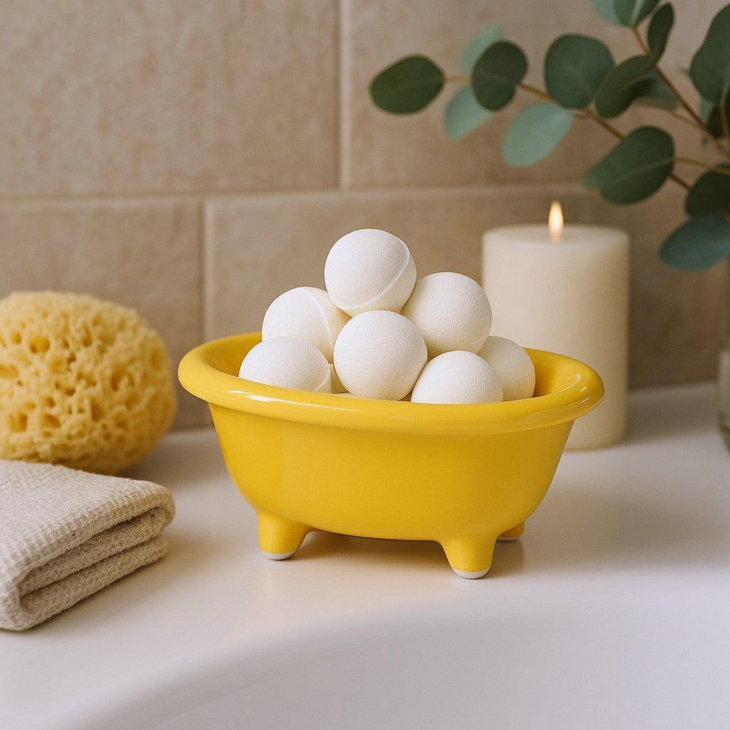 Yellow bowl filled with white bath bombs on a bathroom counter with a candle and sponge in the background.