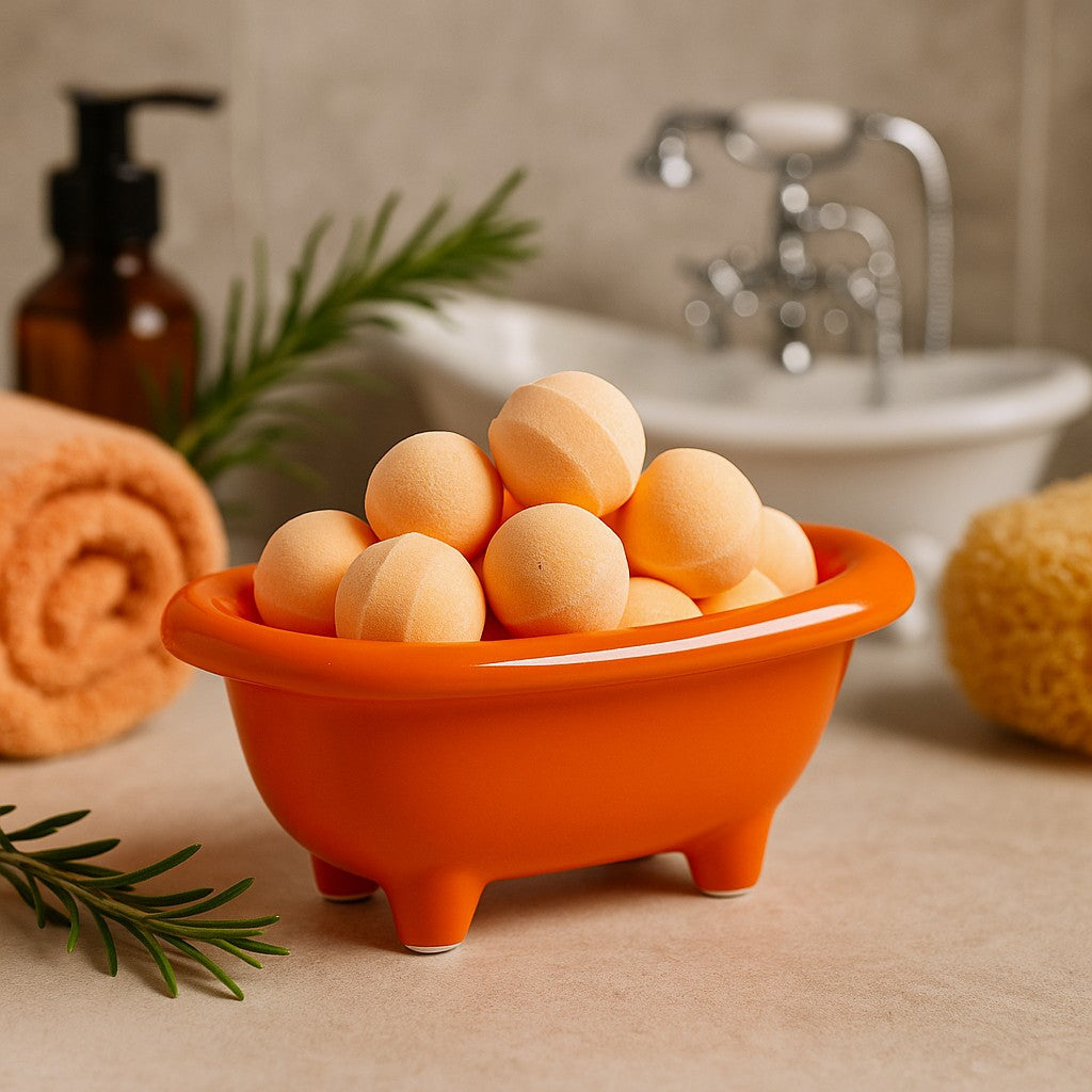 Orange bath tub-shaped container with bath bombs on a bathroom counter.