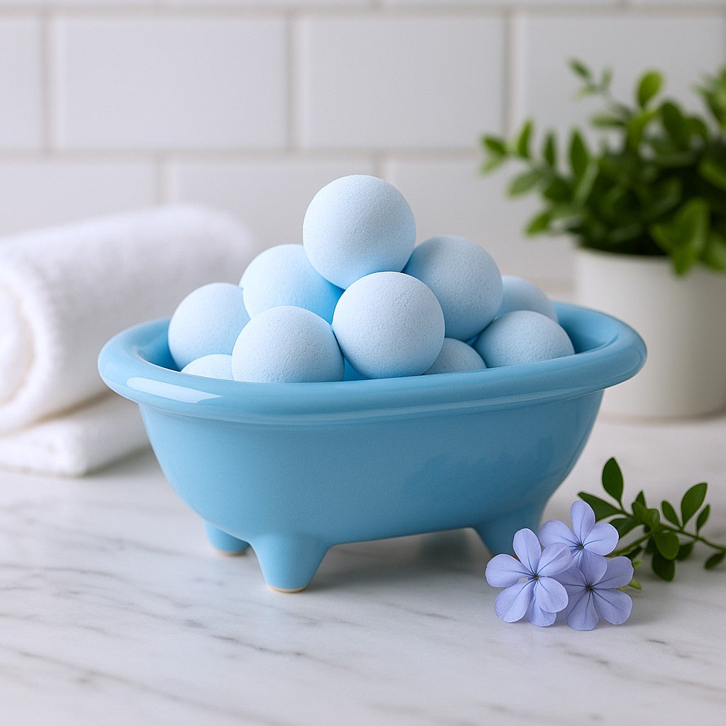 Blue bowl filled with blue bath bombs on a marble surface with a plant in the background.