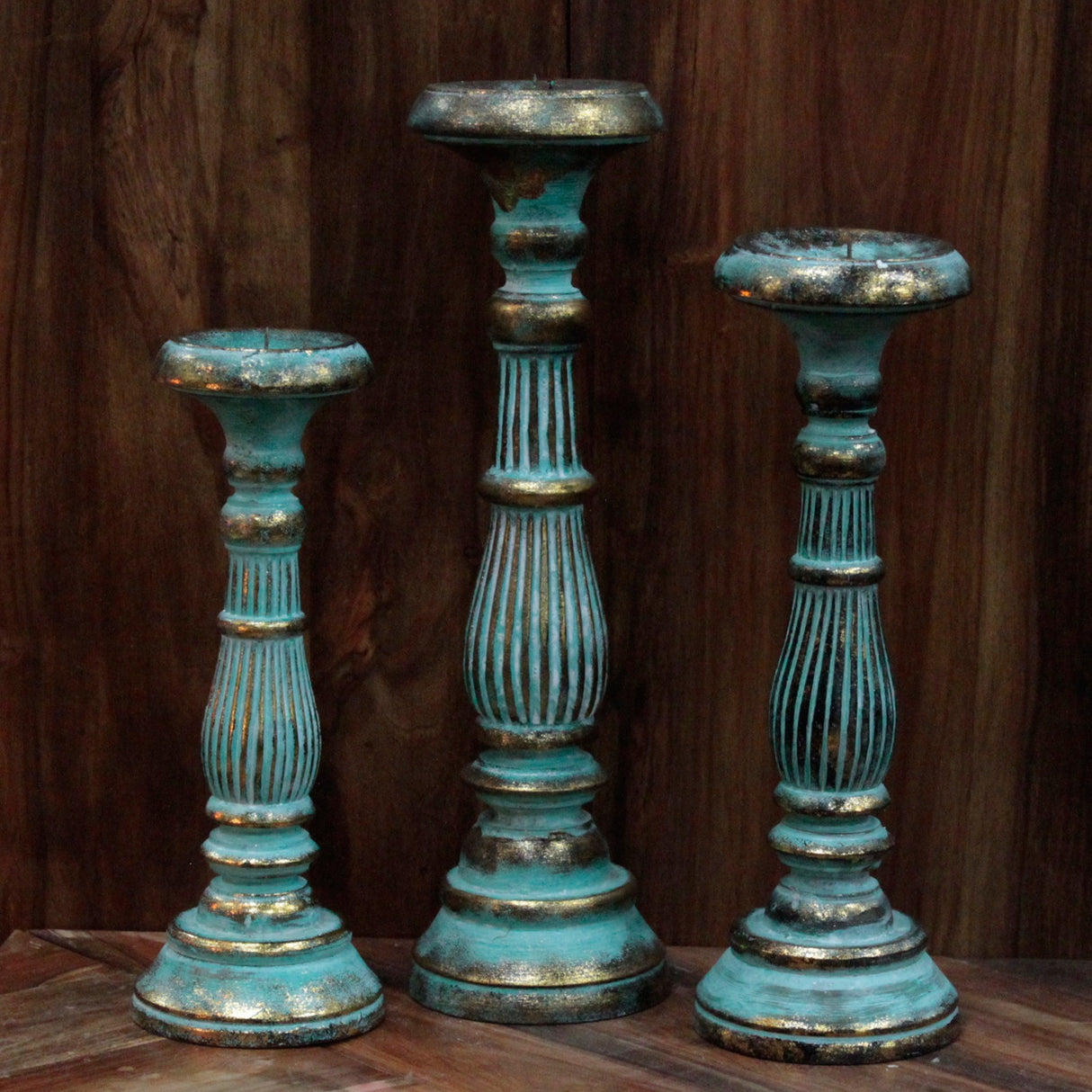 Candle Holder, Large Wooden Turquoise Gold
