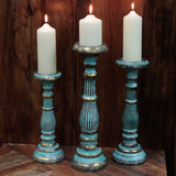 Candle Holder, Large Wooden Turquoise Gold