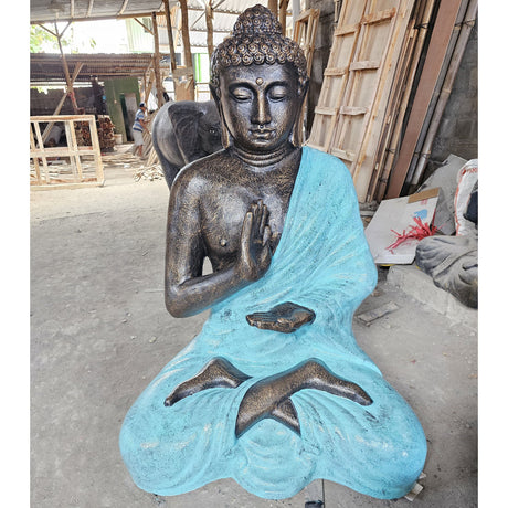 1.5m Large Turquoise & Stone Buddha Statue in Meditative Pose - Bronze Finish with Light Blue Robe - SHAMTAM.COM