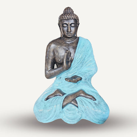 1.5m Large Turquoise & Stone Buddha Statue in Meditative Pose - Bronze Finish with Light Blue Robe - SHAMTAM.COM