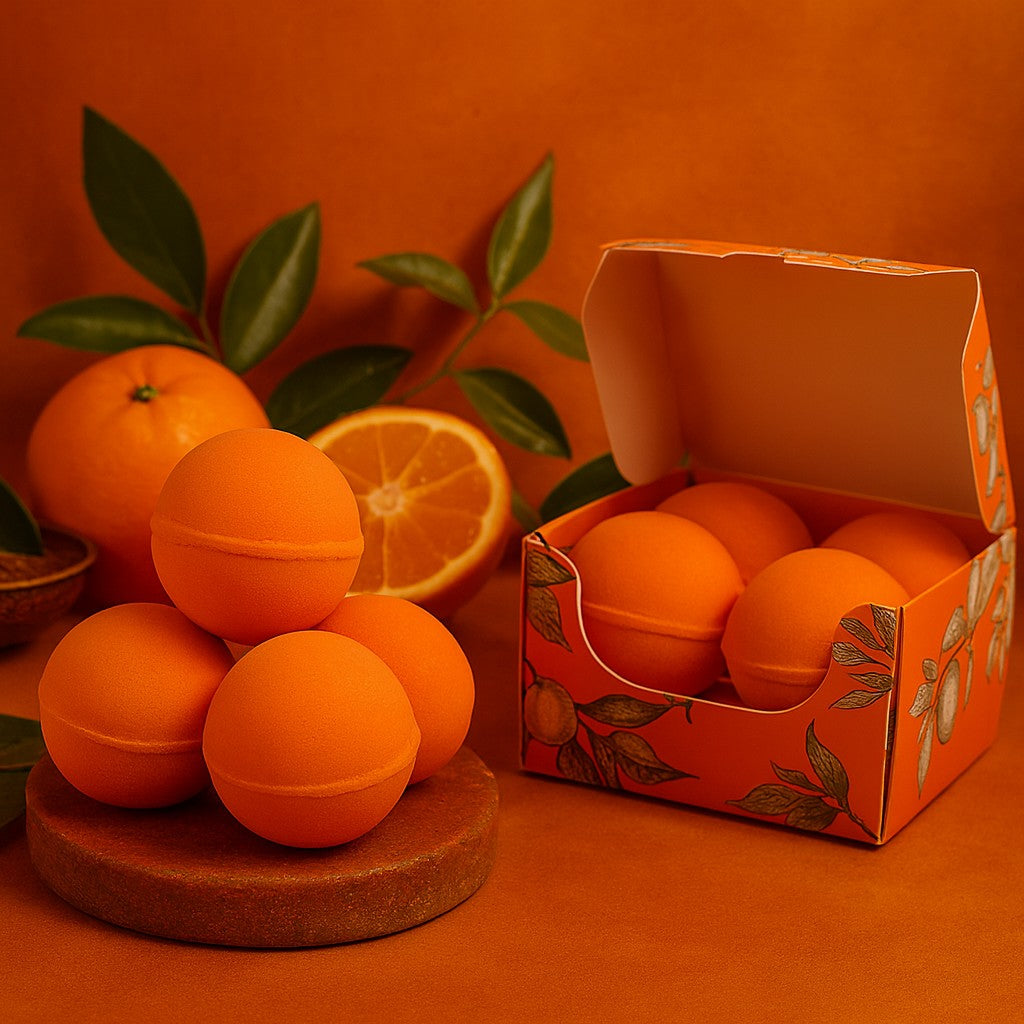 Orange-colored bath bombs with a matching box on an orange background