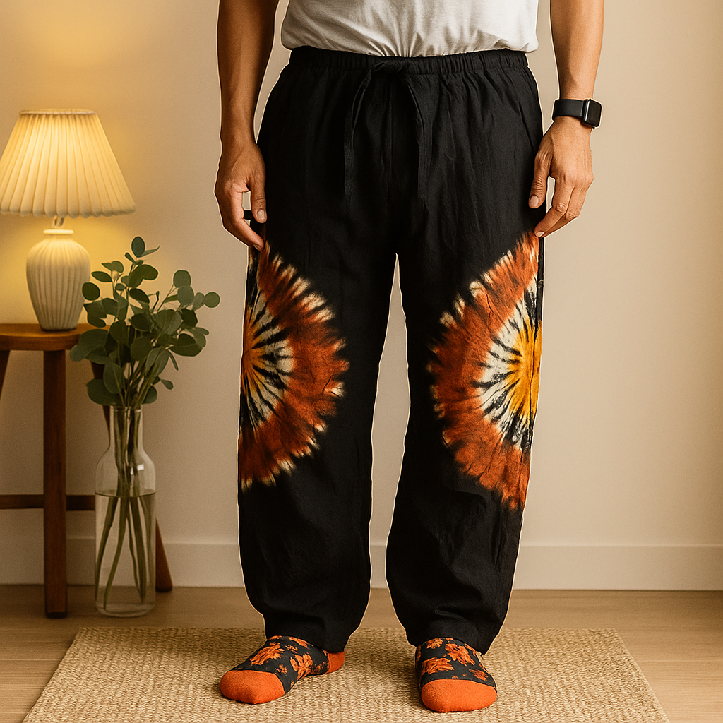Japanese-Inspired Unisex Tie-Dye Lounge Pants Black Orange L