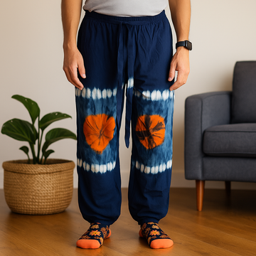 Shibori thajské rybářské volnočasové kalhoty, indigová, oranžová, M