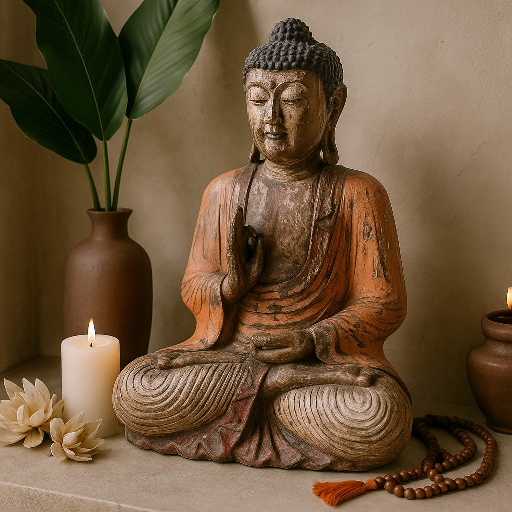 Wooden Buddha statue with a candle and flowers on a neutral background
