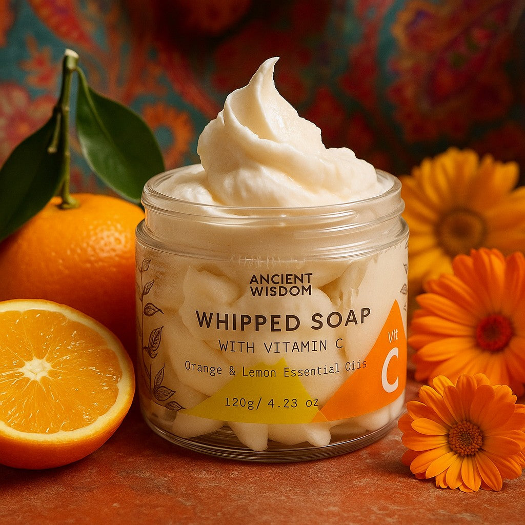 Jar of whipped soap with vitamin C, oranges, and flowers on a colorful background