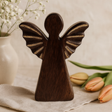 Hand-Carved Mango Wood Angel Figurine, Gold Wings 19cm