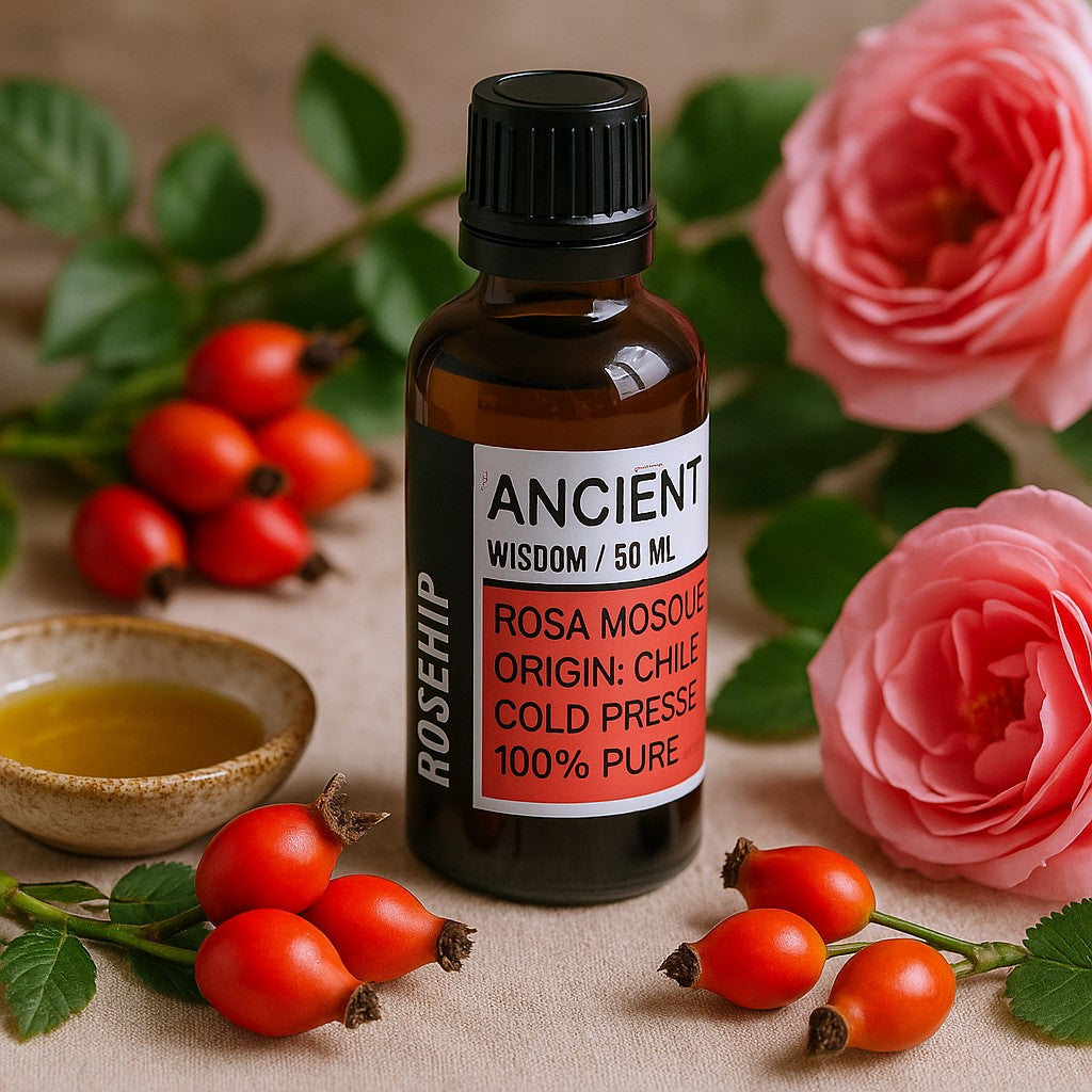 Bottle of Ancient Wisdom Rosa Mosqueta oil with roses and rosehips on a textured surface