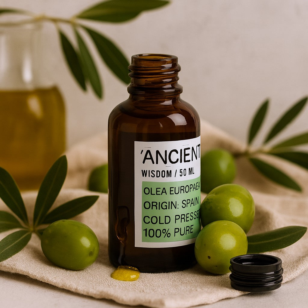 Brown bottle labeled 'Ancient Wisdom' with green olives and olive leaves on a beige cloth.