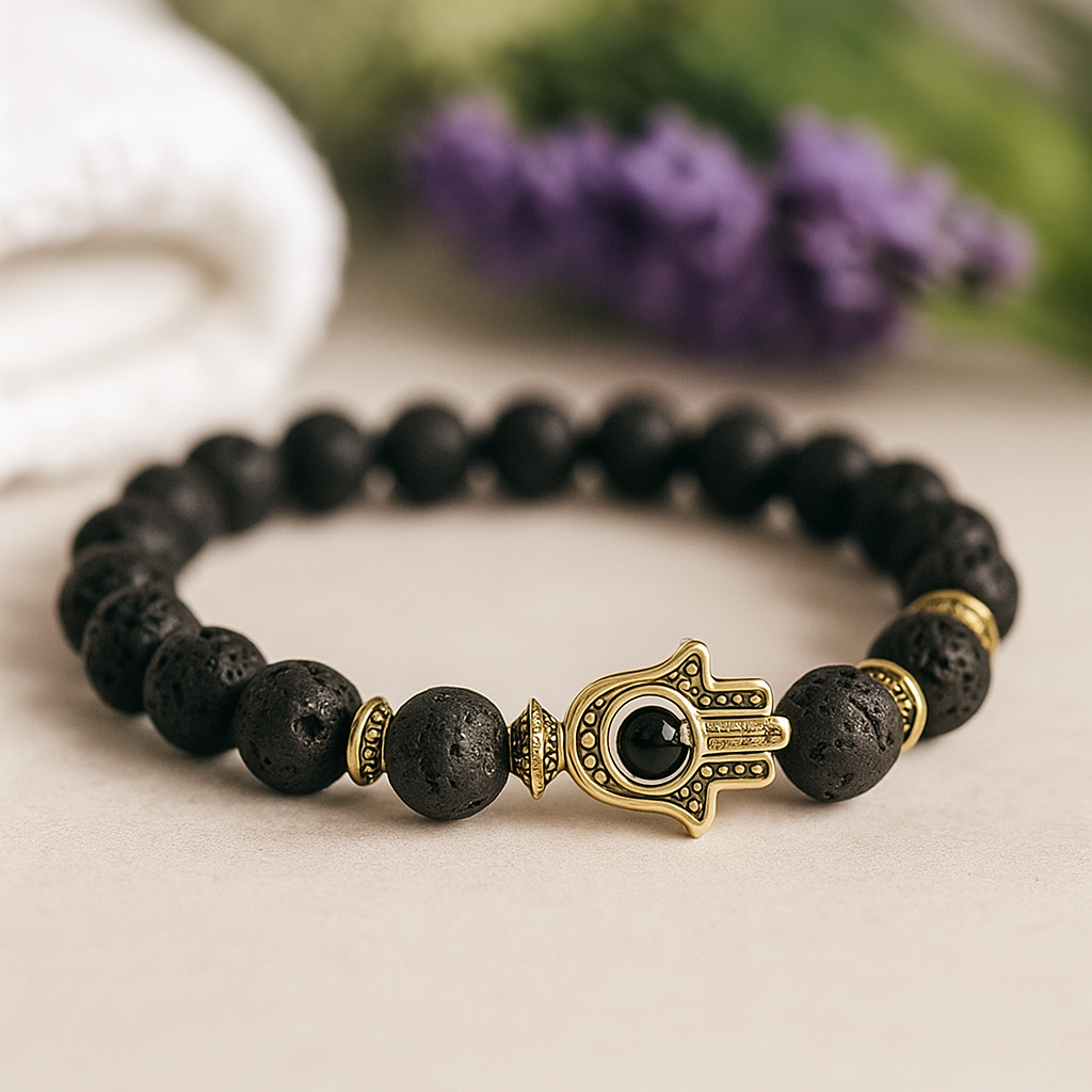 Pulsera de cuentas de piedra de lava con cristal de Hamsa dorado