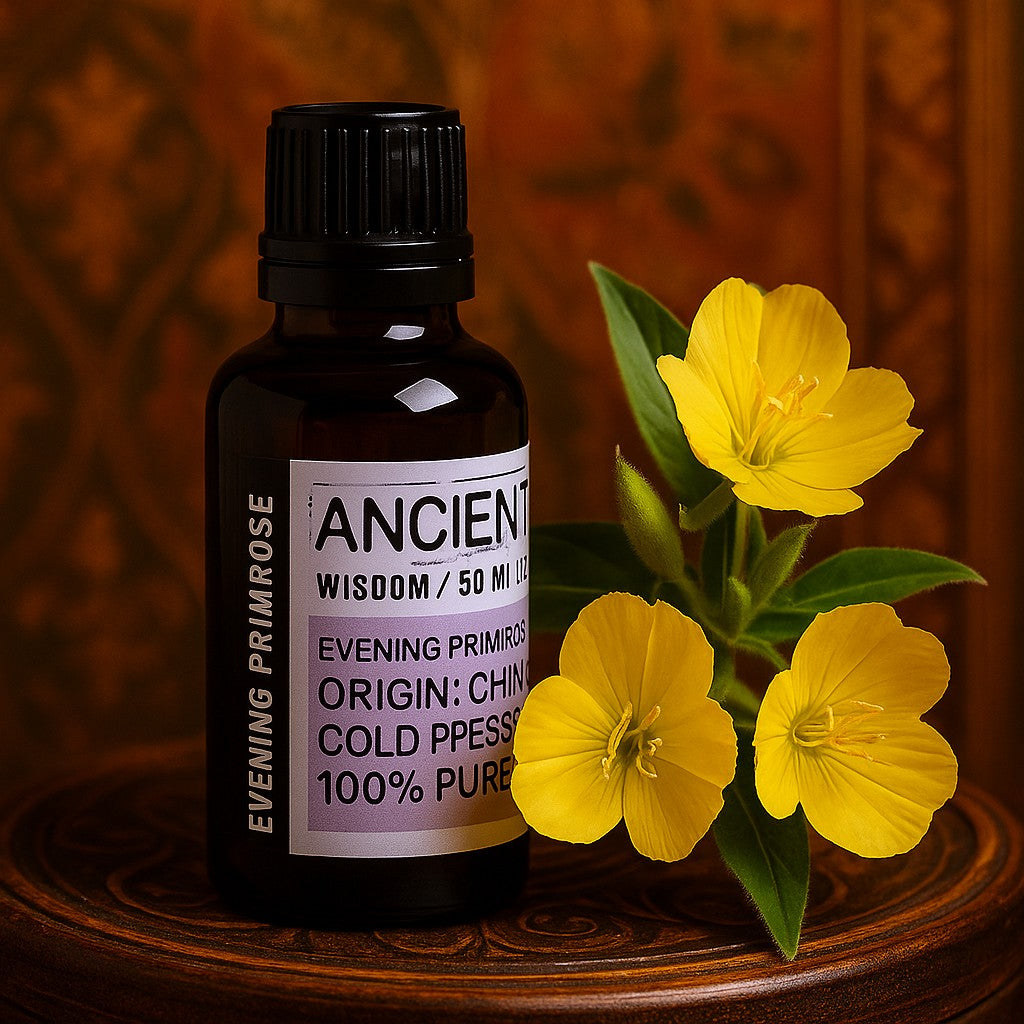Bottle of Ancient Wisdom Evening Primrose oil with yellow flowers on a wooden surface